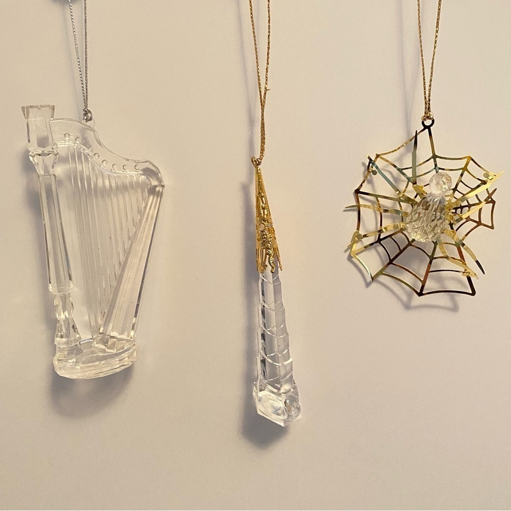 Harp/ Icicle/ Spider In Web Clear Acrylic/ Gold Christmas Tree Ornaments
